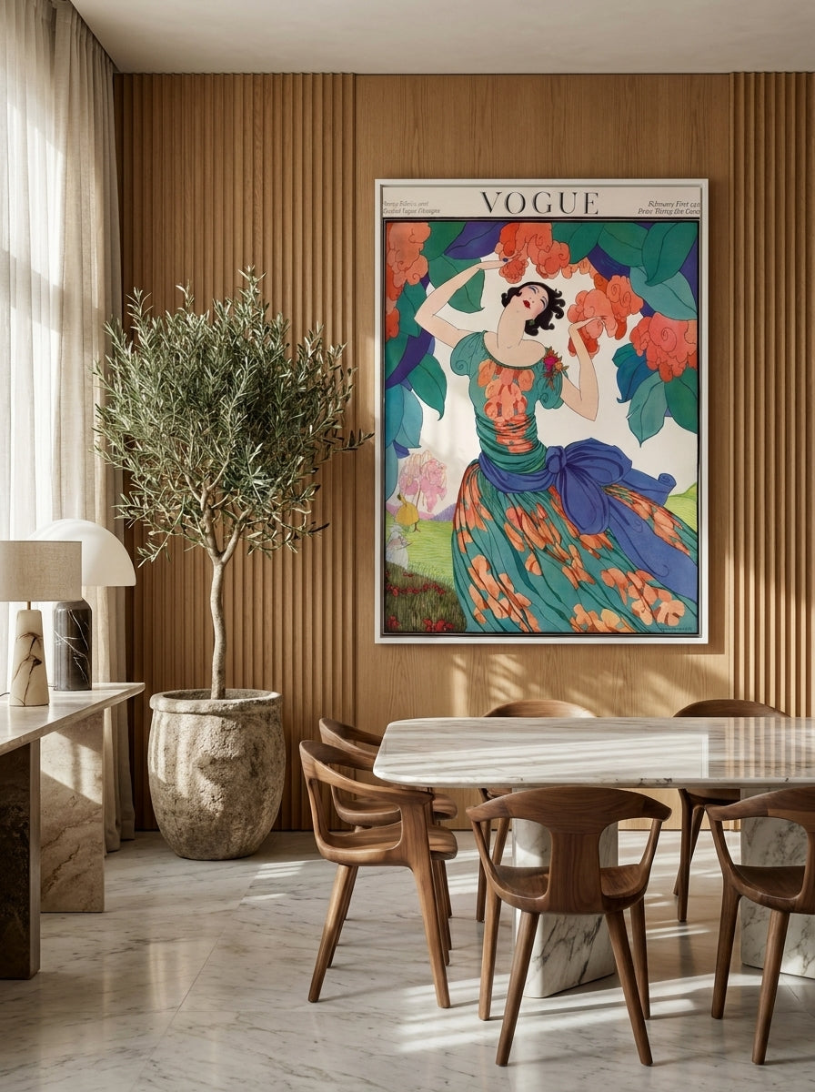 Oversized statement modern wall art print styled on the wall in a luxe dining room