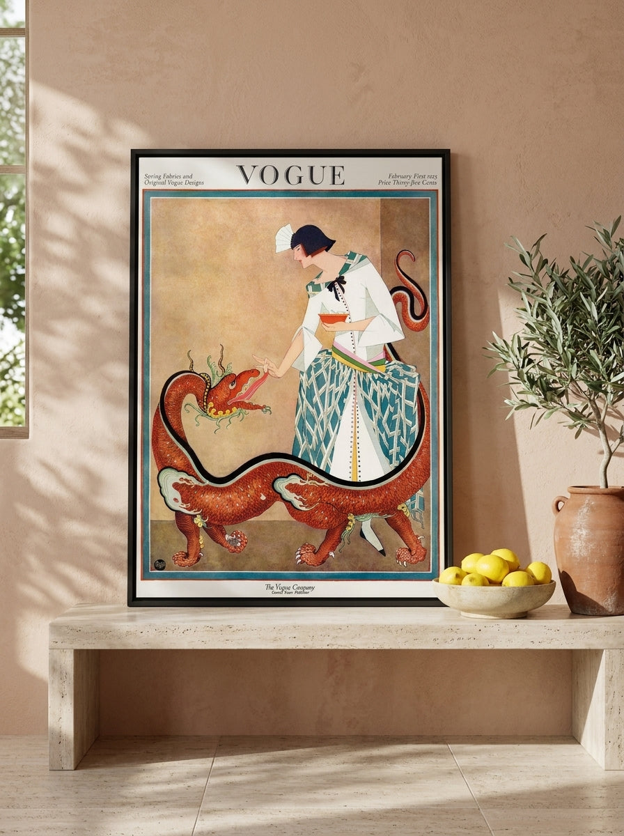 Canvas wall art with a black surround standing on a console in a Mediterranean living room