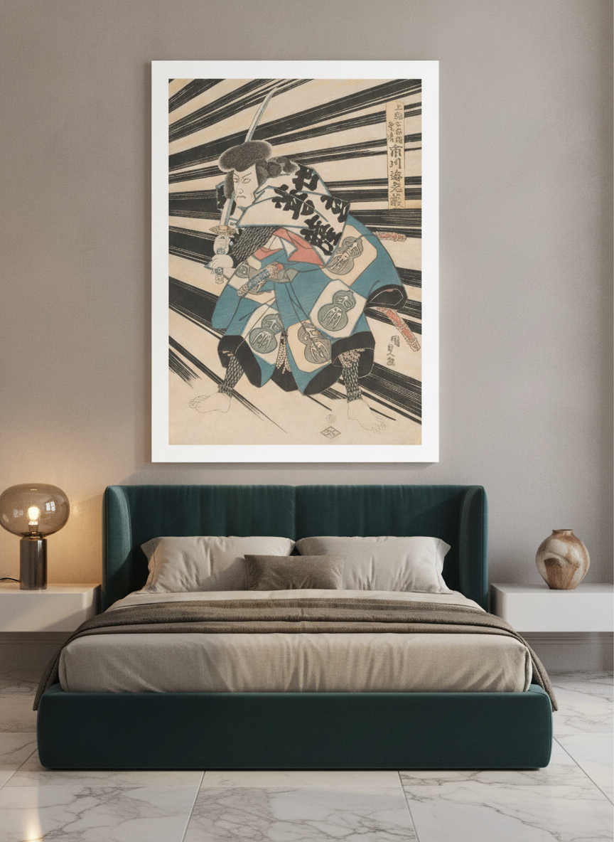 Oversized statement modern wall art print styled on the wall in a luxe bedroom