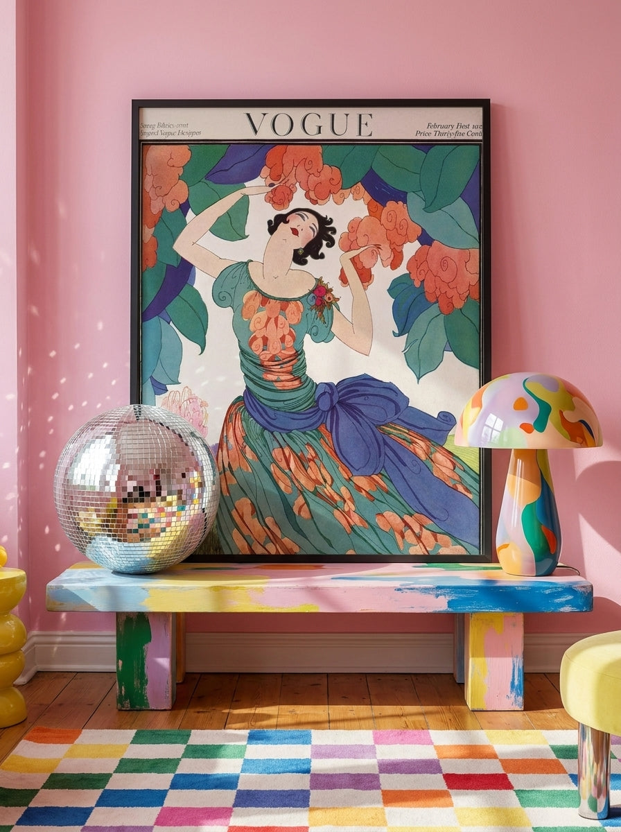 Modern wall art print standing on a side table in a colourful eclectic living room