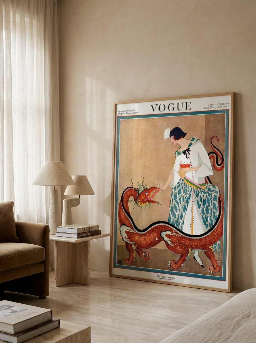 Oversized statement modern wall art print leaning against the wall in a luxe bedroom