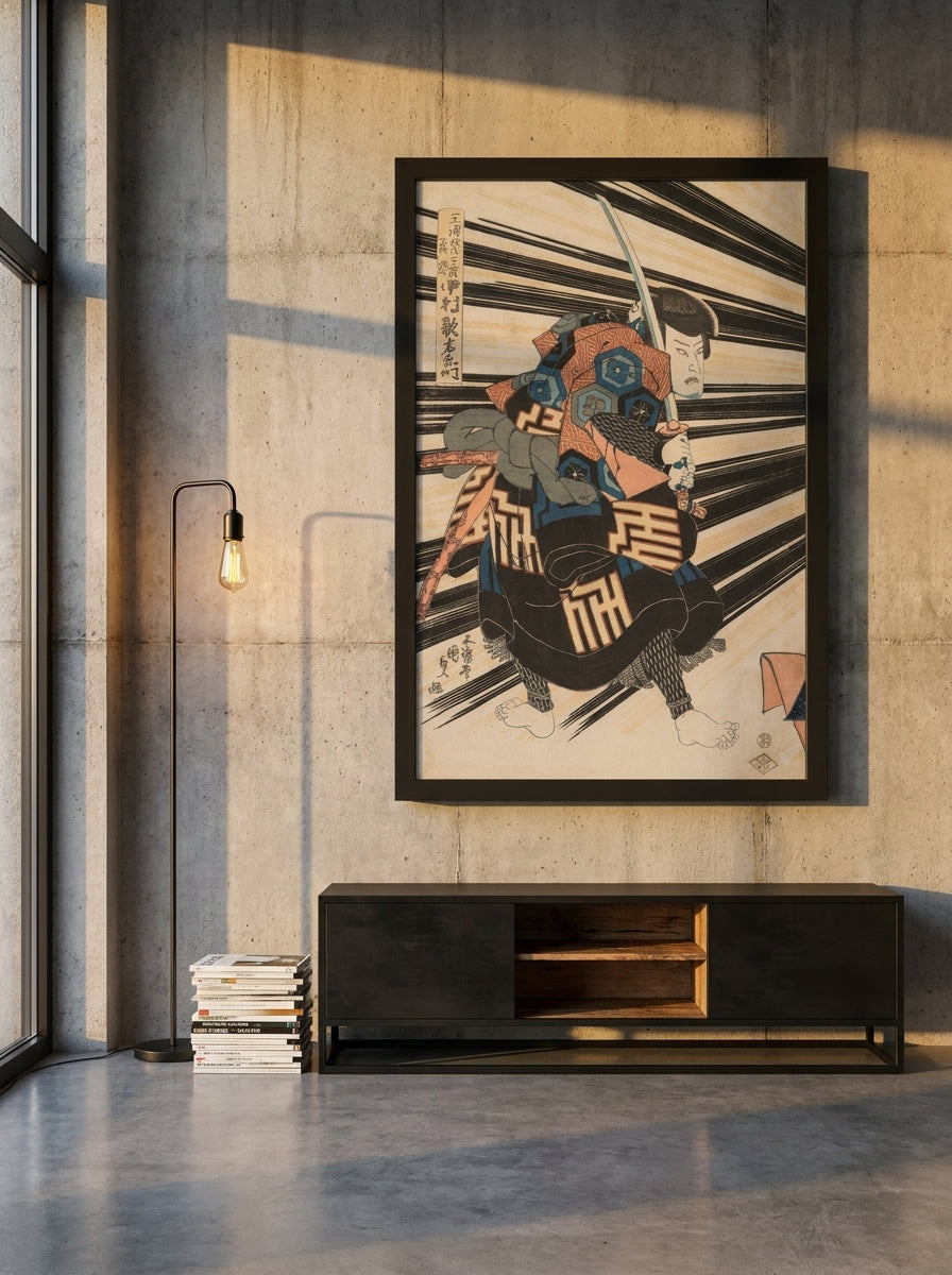 Oversized statement modern wall art print styled on the wall in an industrial loft living room