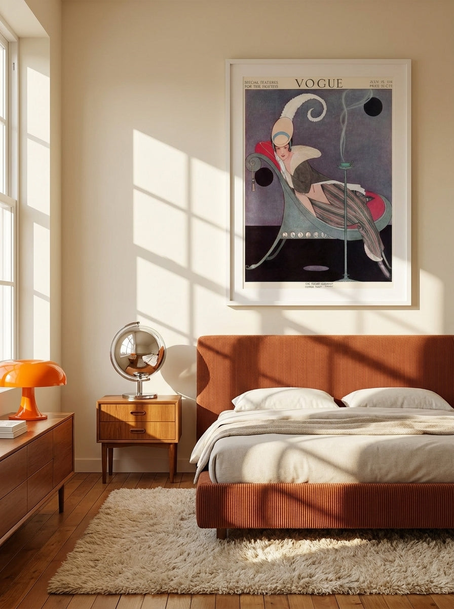 Modern wall art print styled on the wall in a retro 70s bedroom