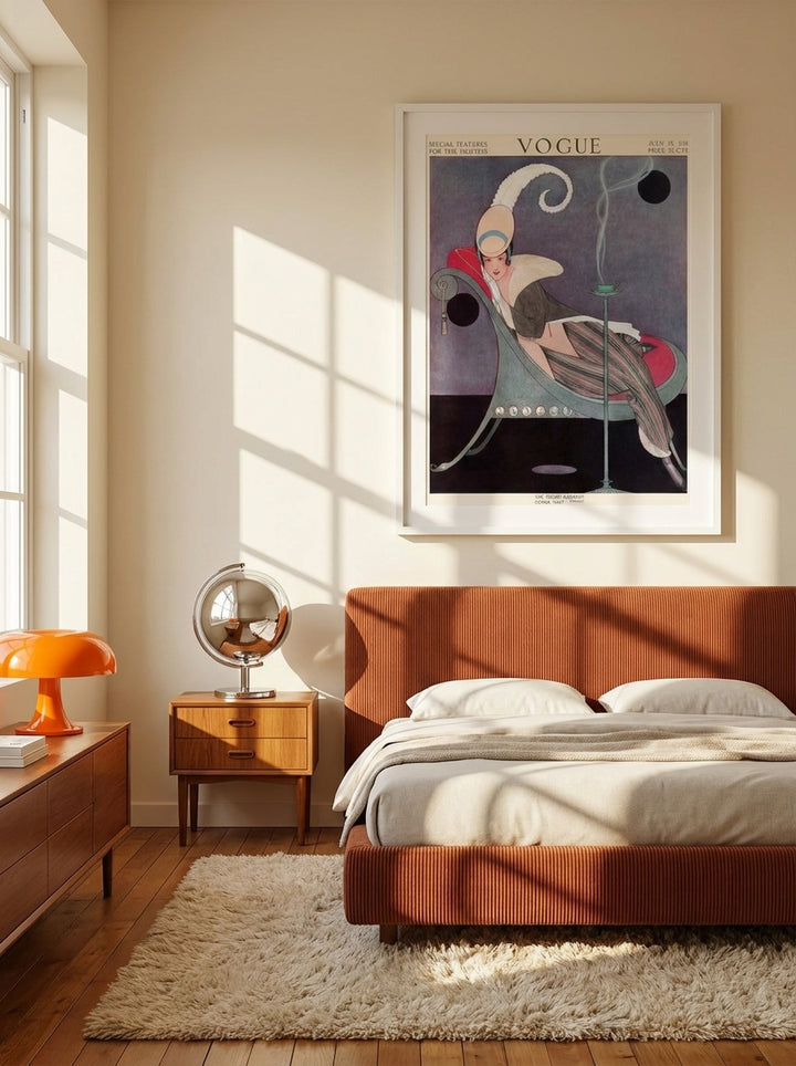 Modern wall art print styled on the wall in a retro 70s bedroom