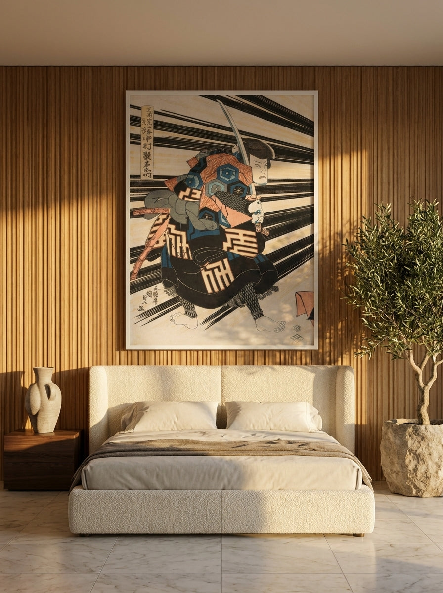 Oversized statement modern wall art print styled on the wall in a luxe bedroom