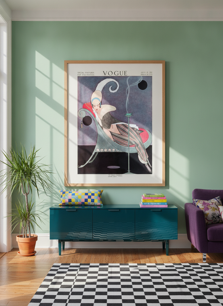 Oversized statement modern wall art print styled on the wall in a colourful eclectic living room
