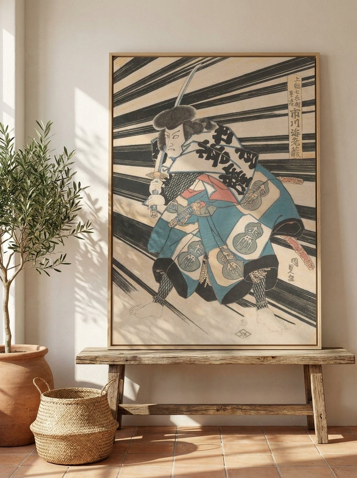 Canvas wall art with a natural timber surround standing on a bench in a Mediterranean home office