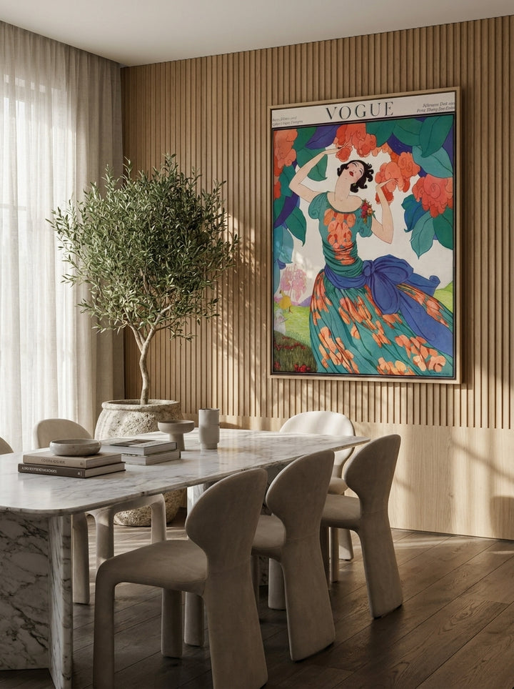 Oversized statement canvas wall art with a natural timber surround styled on the wall in a luxe dining room
