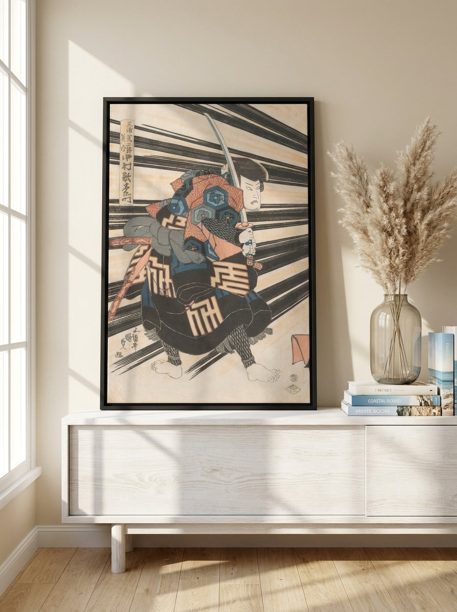 Canvas wall art with a black surround standing on a console in a coastal living room