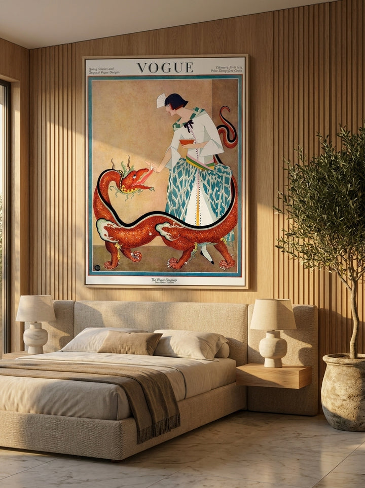 Oversized statement canvas wall art with a natural timber surround styled on the wall in a luxe bedroom