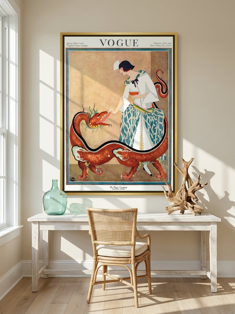 Canvas wall art with a gold leaf surround styled on the wall in a coastal home office