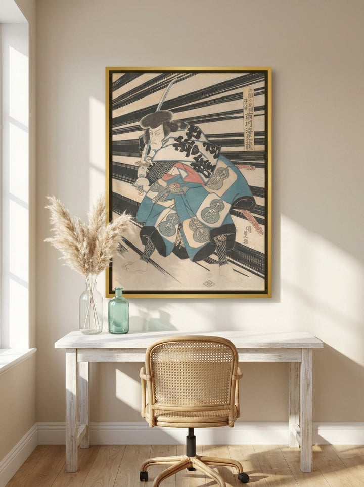Canvas wall art with a gold leaf surround styled on the wall in a coastal home office