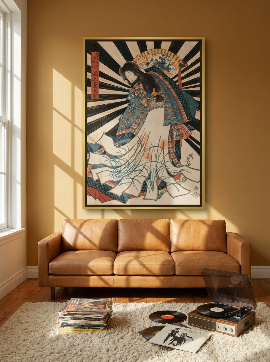 Oversized statement canvas wall art with a gold leaf surround styled on the wall in a retro 70s living room