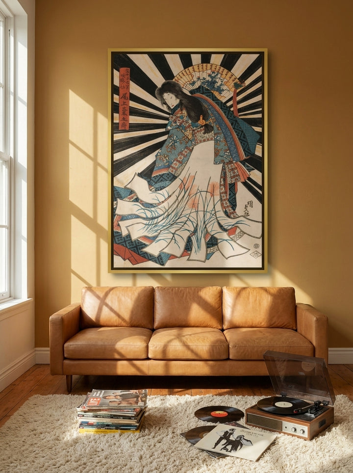Oversized statement canvas wall art with a gold leaf surround styled on the wall in a retro 70s living room