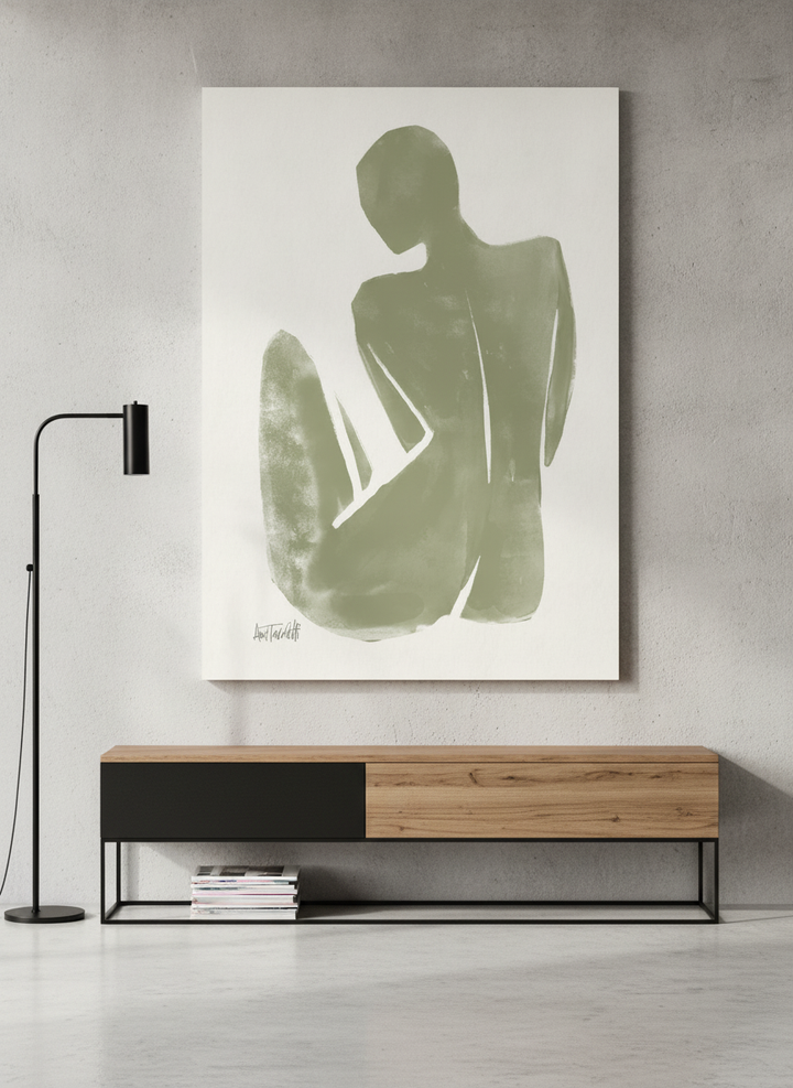 Stretched canvas wall art styled on the wall in an industrial loft living room