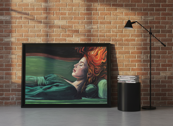 Modern wall art print leaning against the wall in an industrial loft bedroom