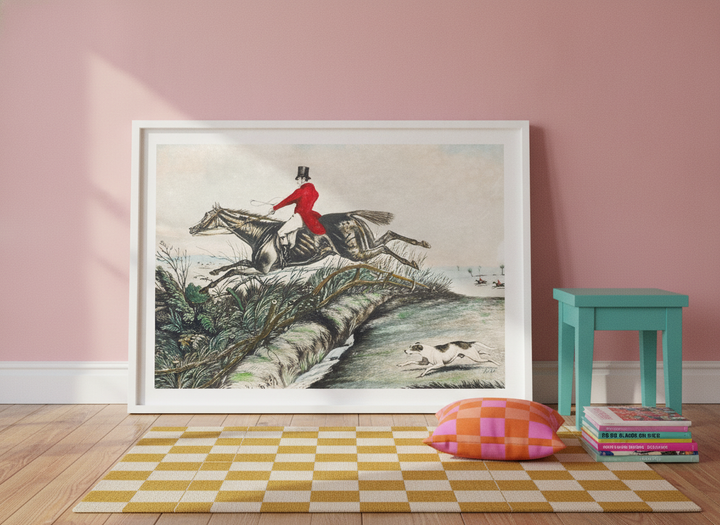 Modern wall art print leaning against the wall in a colourful eclectic home office