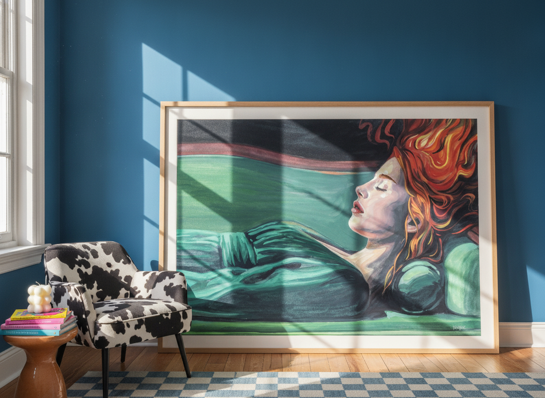 Oversized statement modern wall art print leaning against the wall in a colourful eclectic bedroom