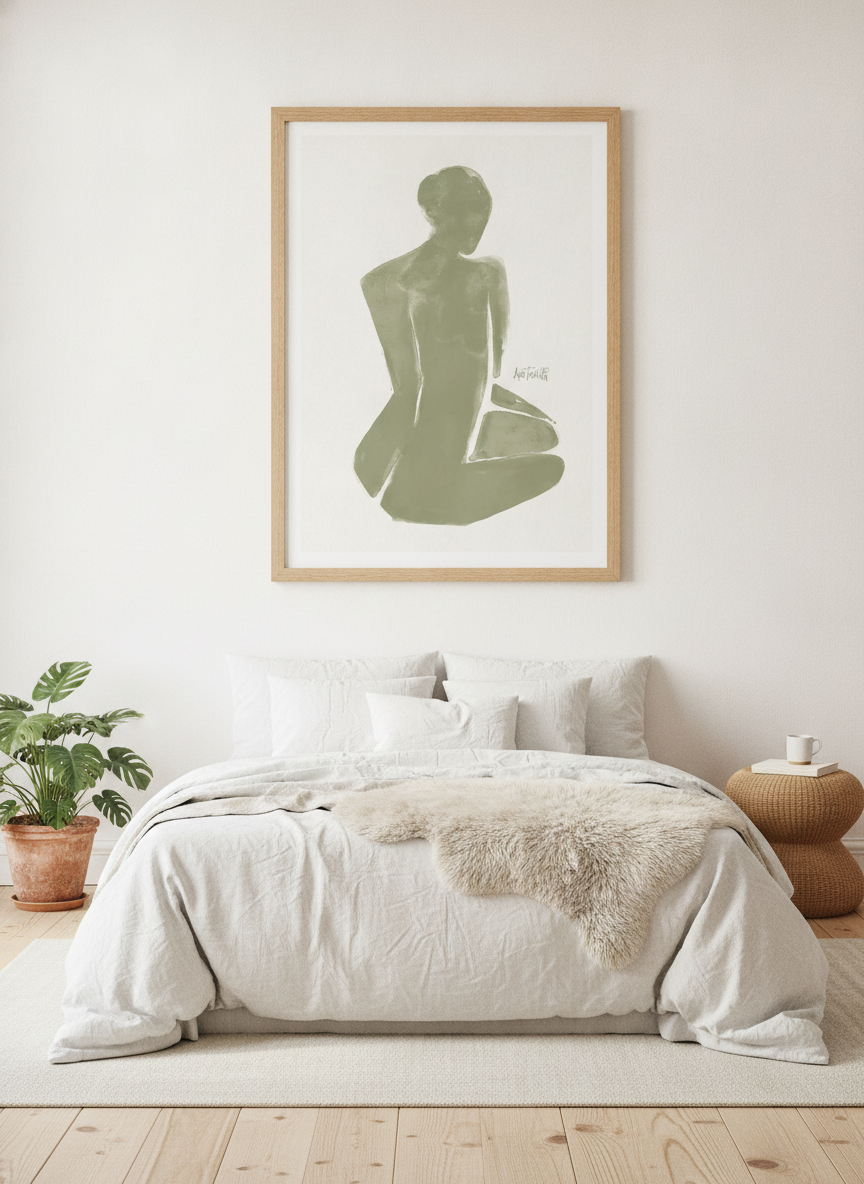 Modern wall art print styled on the wall in a bright Scandinavian bedroom