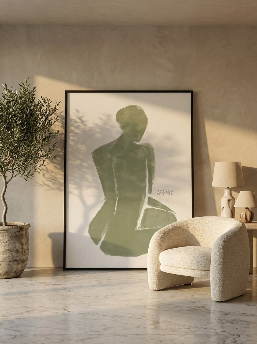 Oversized statement modern wall art print leaning against the wall in a luxe living room