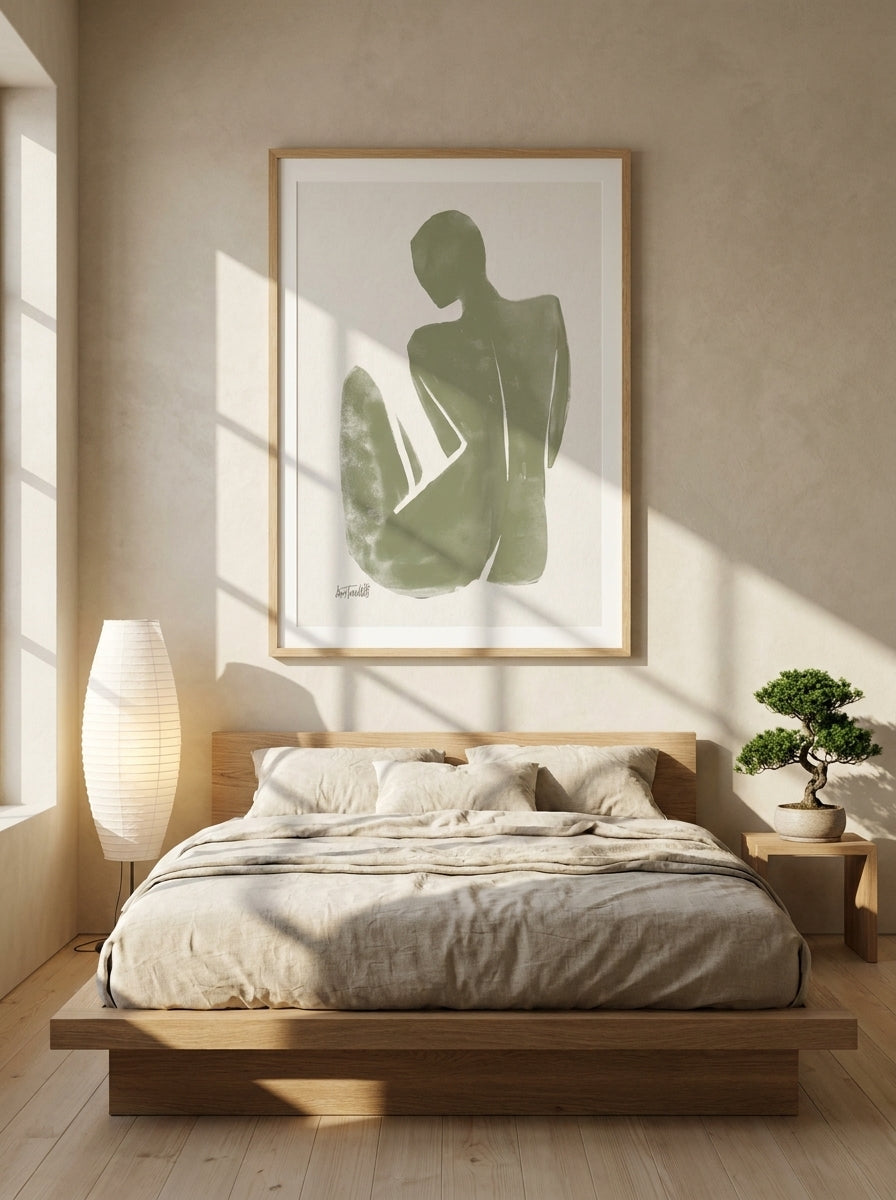 Modern wall art print styled on the wall in a warm Japandi bedroom