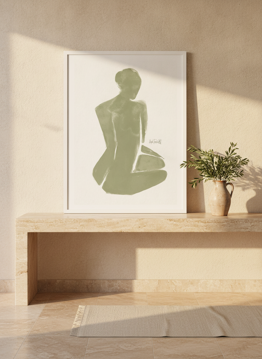 Modern wall art print standing on a console in a Mediterranean bathroom