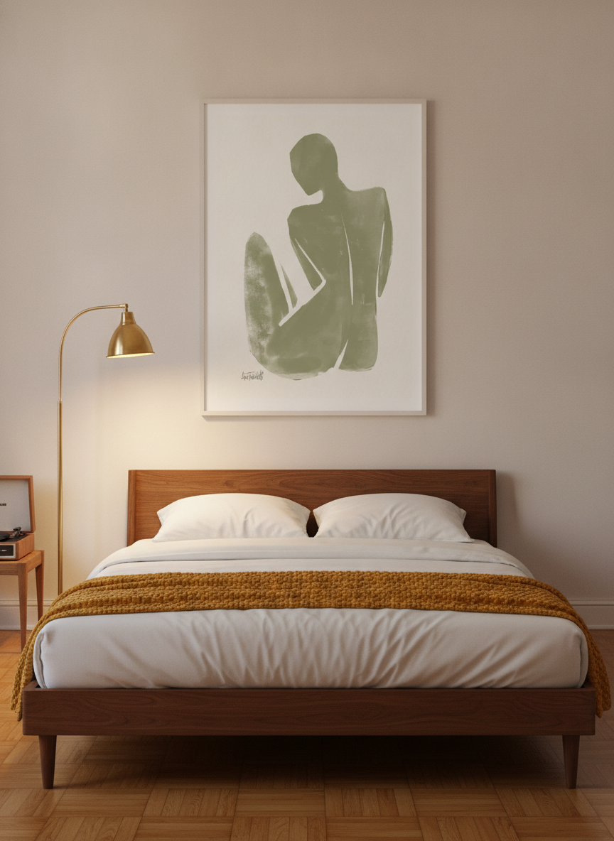 Modern wall art print styled on the wall in a mid-century bedroom