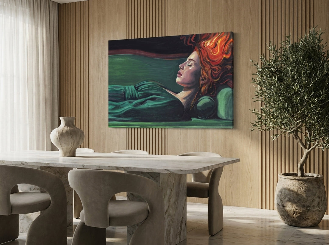 Stretched canvas wall art styled on the wall in a luxe dining room