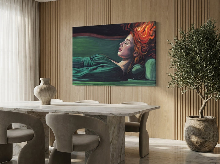 Stretched canvas wall art styled on the wall in a luxe dining room