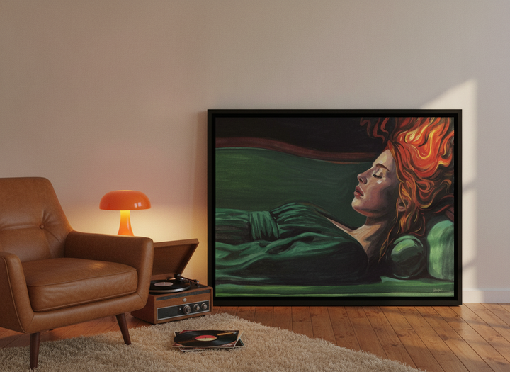 Canvas wall art with a black surround leaning against the wall in a retro 70s bedroom