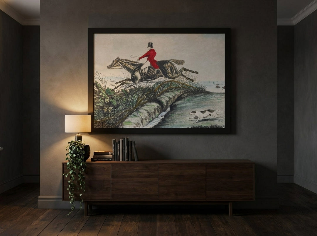 Oversized statement modern wall art print styled on the wall in a moody living room