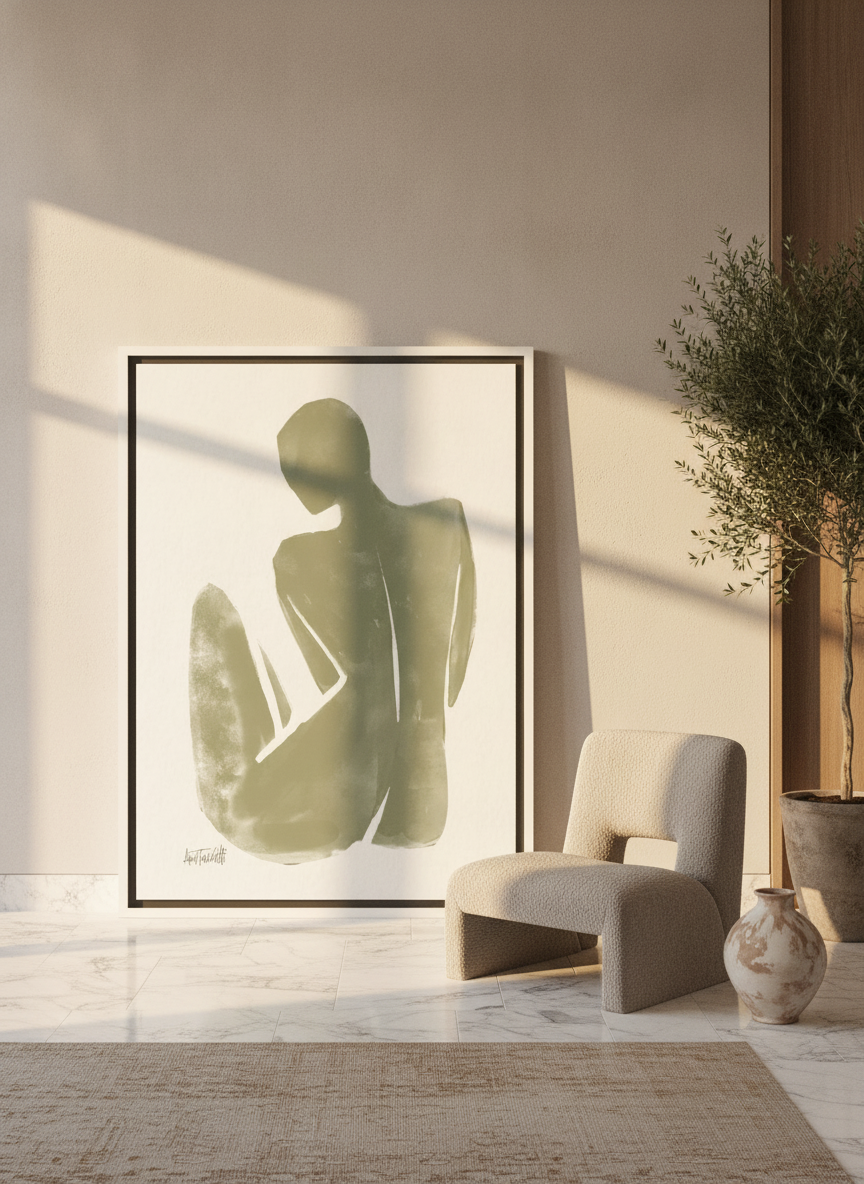 Oversized statement canvas wall art with a white surround leaning against the wall in a luxe living room