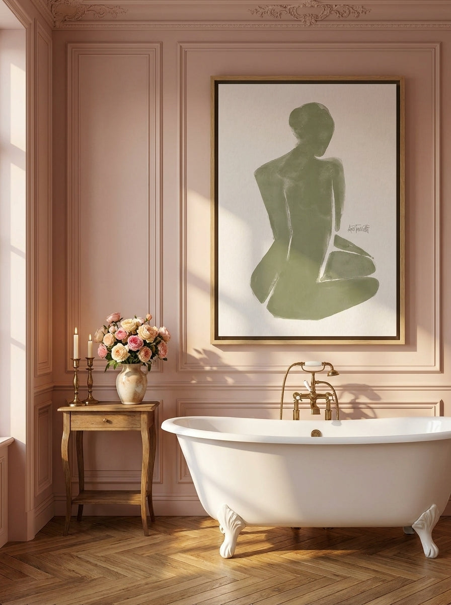 Canvas wall art with a natural timber surround styled on the wall in a Parisian bathroom