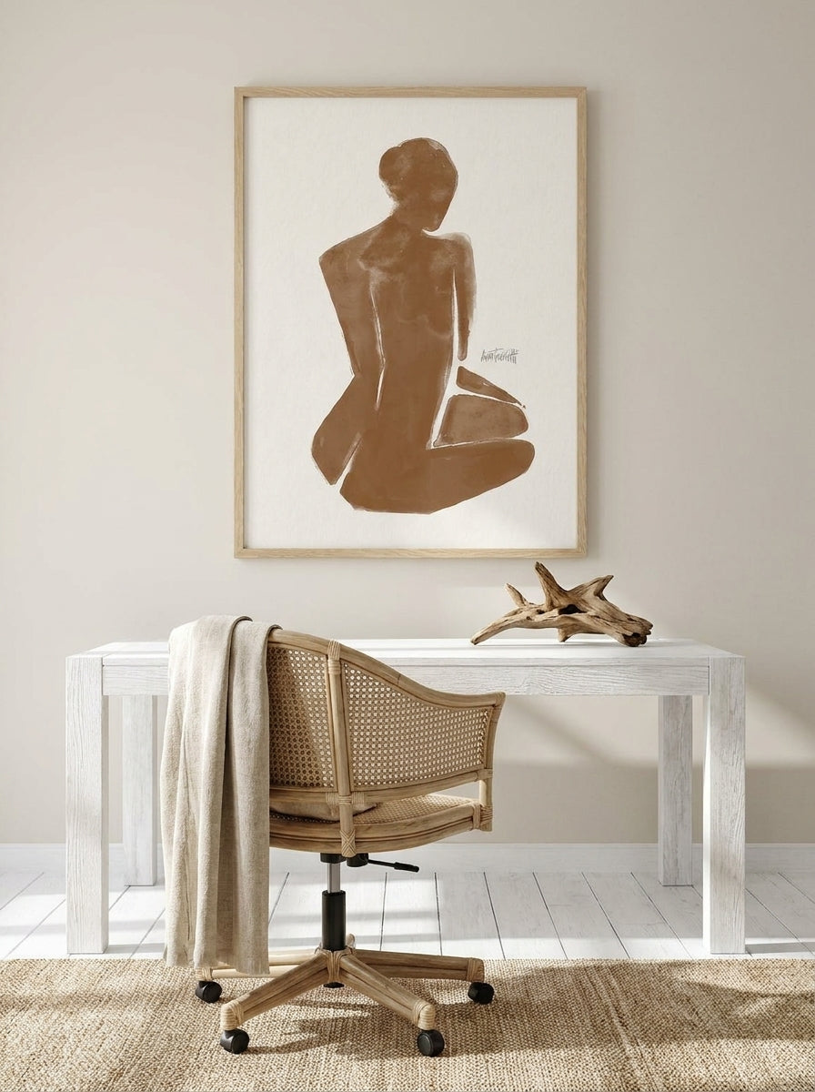 Modern wall art print styled on the wall in a coastal home office