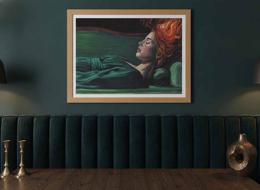 Modern wall art print styled on the wall in a moody bedroom