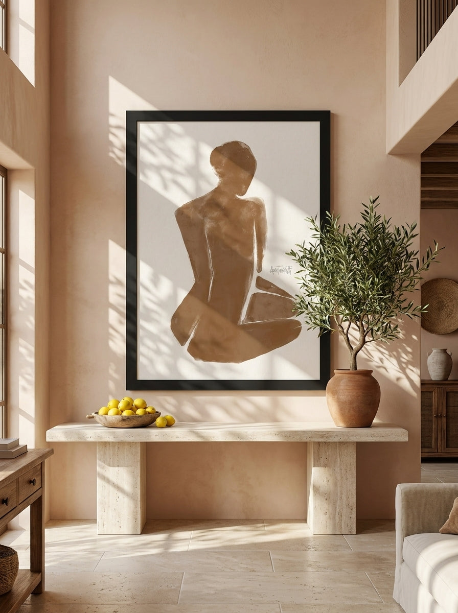 Oversized statement modern wall art print styled on the wall in a Mediterranean living room