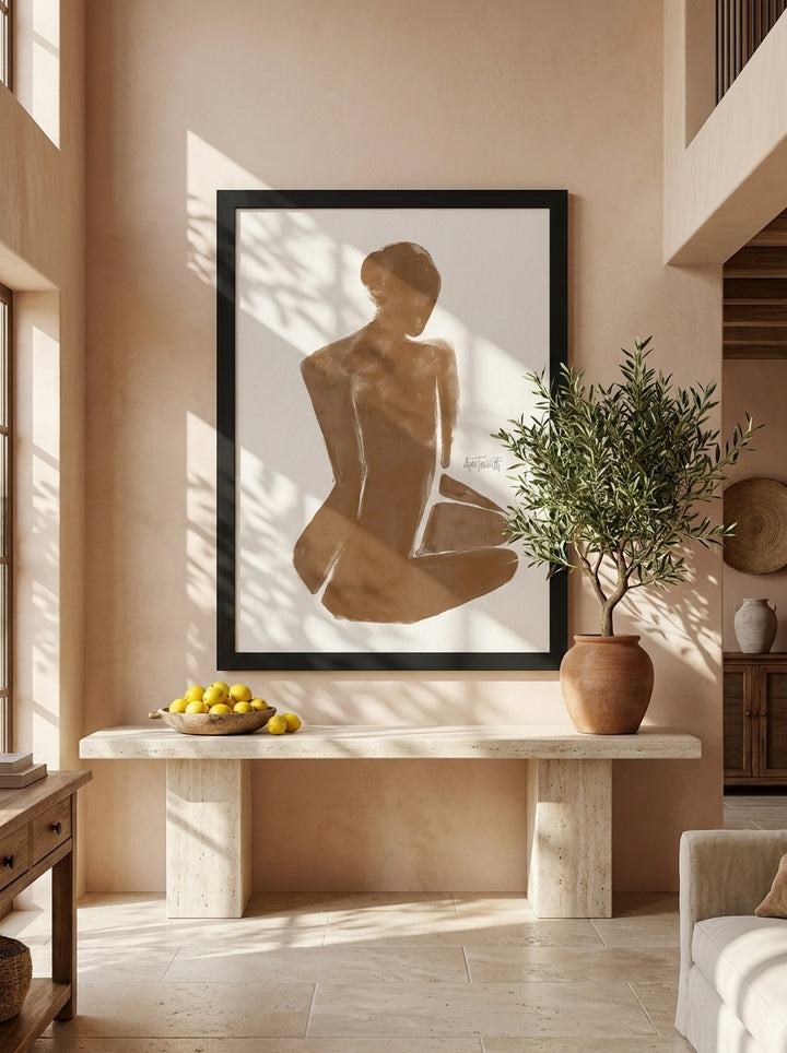 Oversized statement modern wall art print styled on the wall in a Mediterranean living room