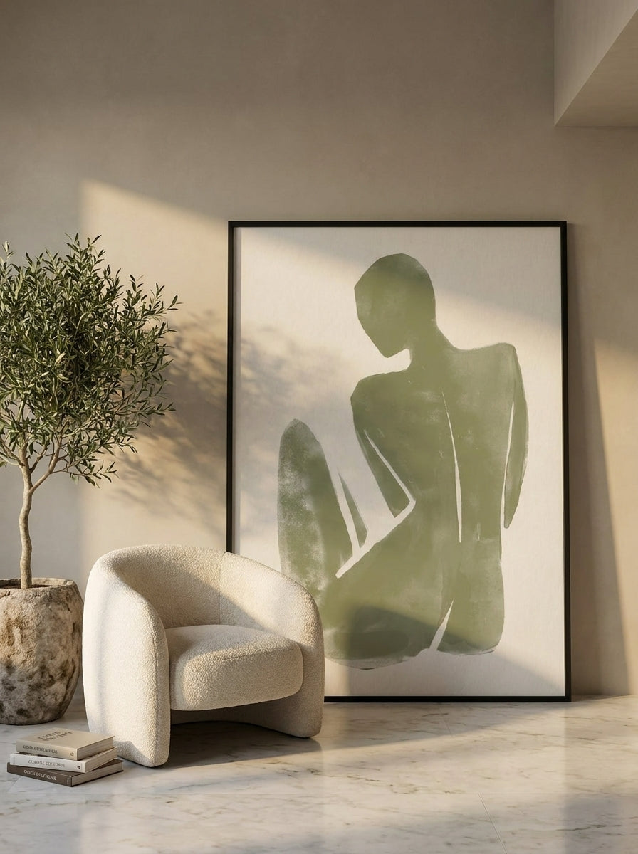 Oversized statement modern wall art print leaning against the wall in a luxe dining room