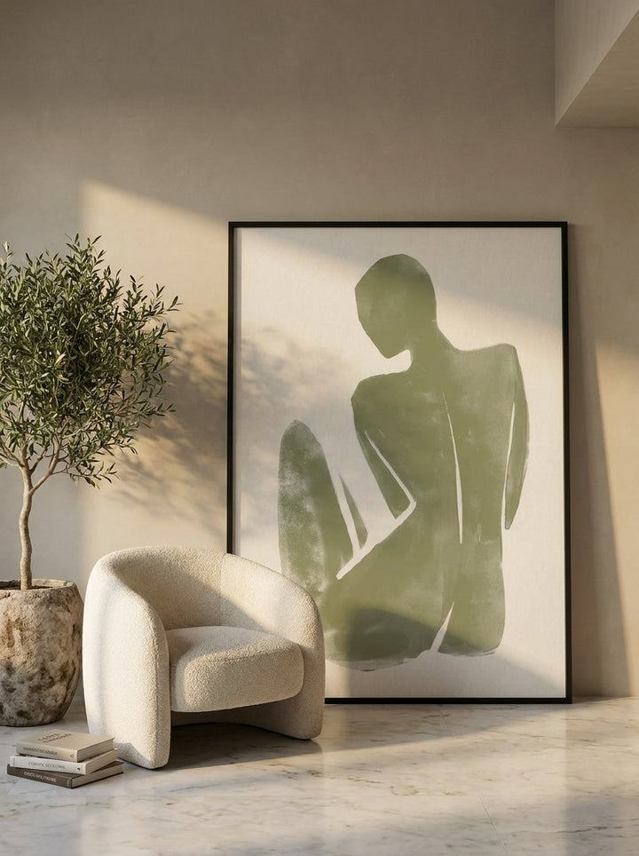 Oversized statement modern wall art print leaning against the wall in a luxe dining room
