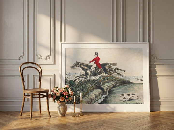 Oversized statement modern wall art print leaning against the wall in a Parisian dining room
