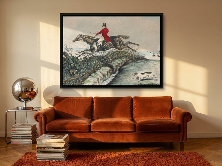 Canvas wall art with a black surround styled on the wall in a retro 70s living room