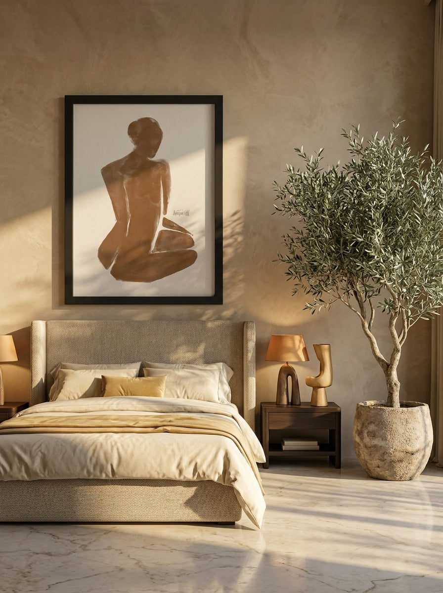 Oversized statement modern wall art print styled on the wall in a luxe bedroom