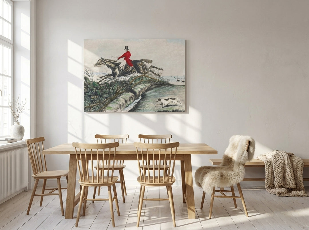 Stretched canvas wall art styled on the wall in a bright Scandinavian dining room