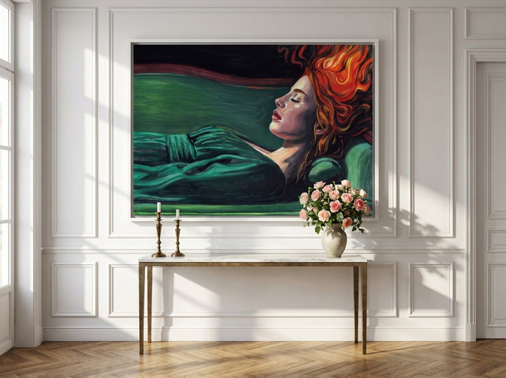Oversized statement canvas wall art with a white surround styled on the wall in a Parisian living room