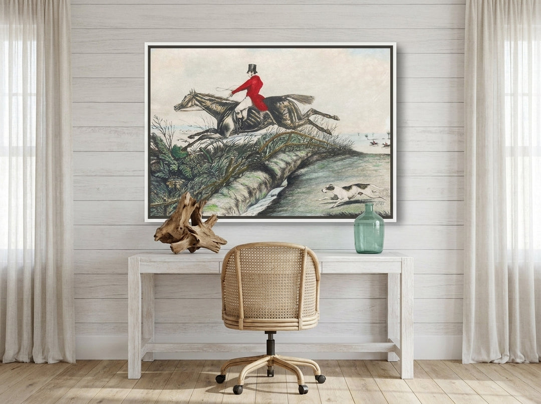 Canvas wall art with a white surround styled on the wall in a coastal home office