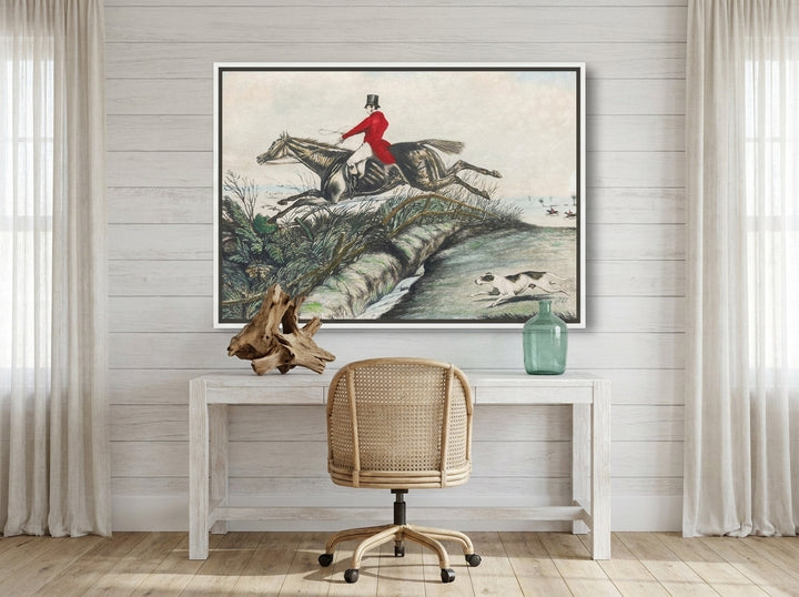 Canvas wall art with a white surround styled on the wall in a coastal home office