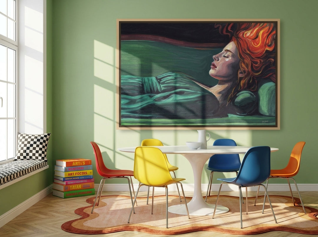 Oversized statement canvas wall art with a natural timber surround styled on the wall in a colourful eclectic dining room