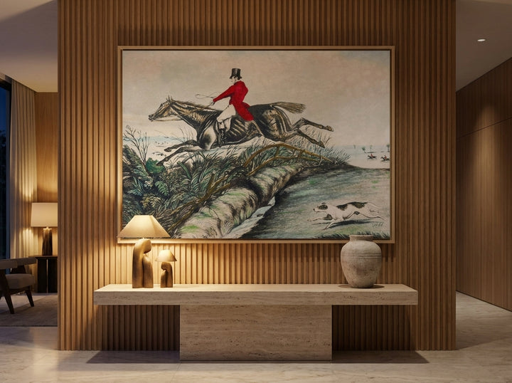 Oversized statement canvas wall art with a natural timber surround styled on the wall in a luxe living room
