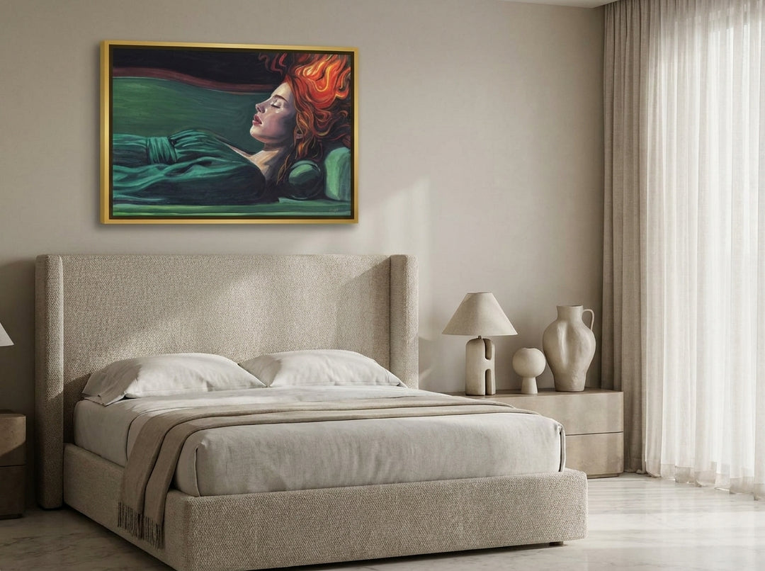 Canvas wall art with a gold leaf surround styled on the wall in a luxe bedroom