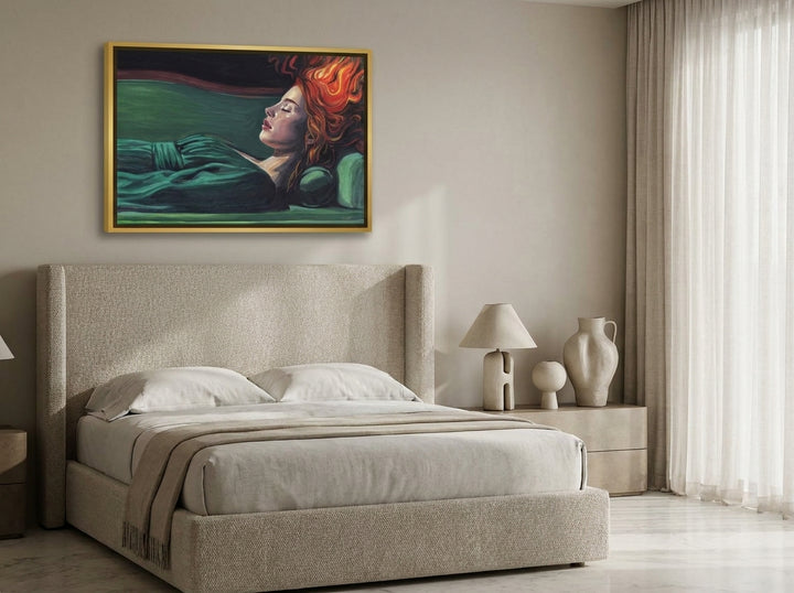 Canvas wall art with a gold leaf surround styled on the wall in a luxe bedroom